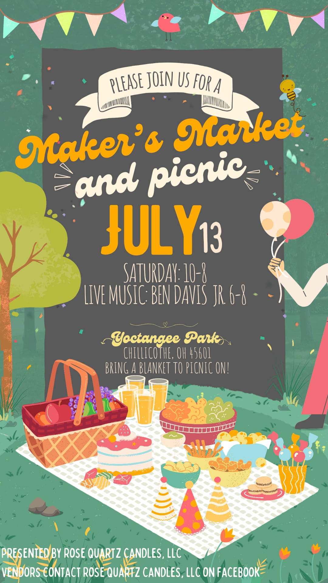 Maker's Market & Picnic July 13th, 2024. Yoctangee Park in Chillicothe, Ohio. 10am to 8pm. Ben Davis Jr from 6 to 8pm.
